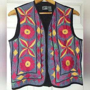 LizWear Vintage 90s Embroidered Bright‎ Floral Vest Size Small Black Pink Yellow
